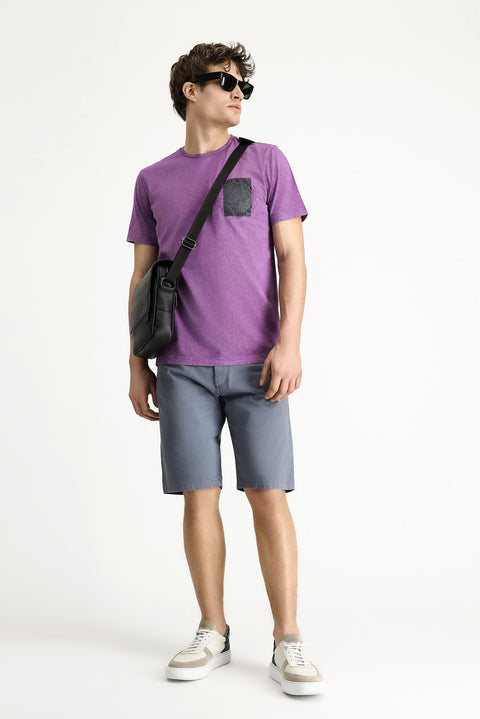 Light Purple Crew Neck Slim Fit Narrow Cut Patterned Cotton T-shirt
