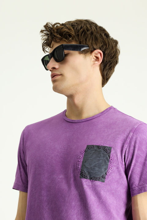 Light Purple Crew Neck Slim Fit Narrow Cut Patterned Cotton T-shirt