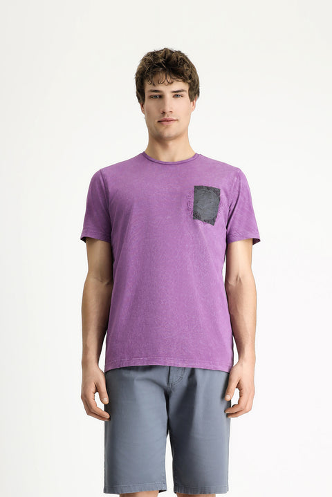 Light Purple Crew Neck Slim Fit Narrow Cut Patterned Cotton T-shirt