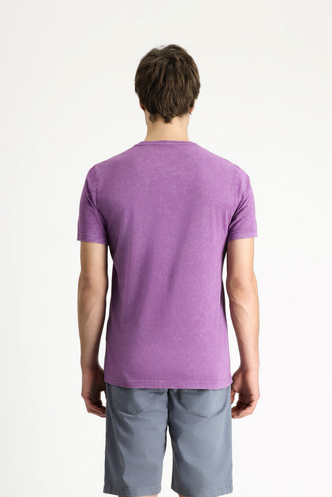 Light Purple Crew Neck Slim Fit Narrow Cut Patterned Cotton T-shirt