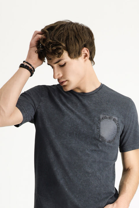 Dark Anthracite Crew Neck Slim Fit Narrow Cut Patterned Cotton T-Shirt