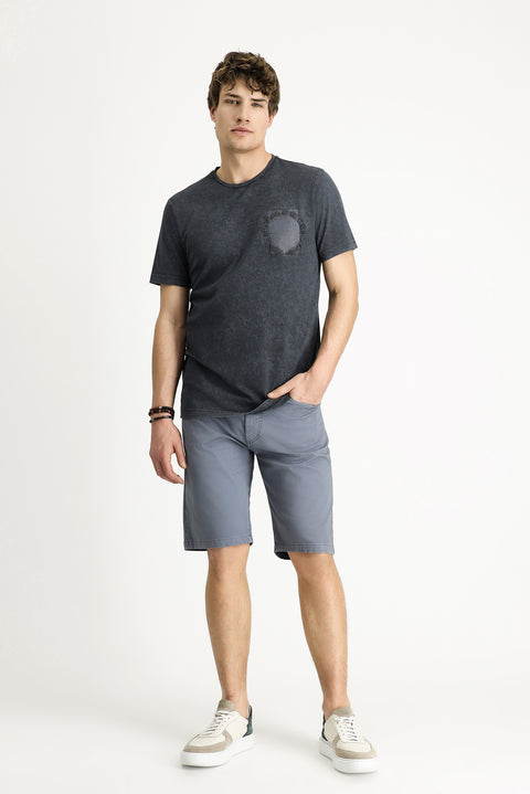 Dark Anthracite Crew Neck Slim Fit Narrow Cut Patterned Cotton T-Shirt
