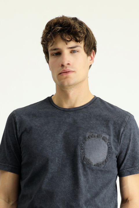 Dark Anthracite Crew Neck Slim Fit Narrow Cut Patterned Cotton T-Shirt