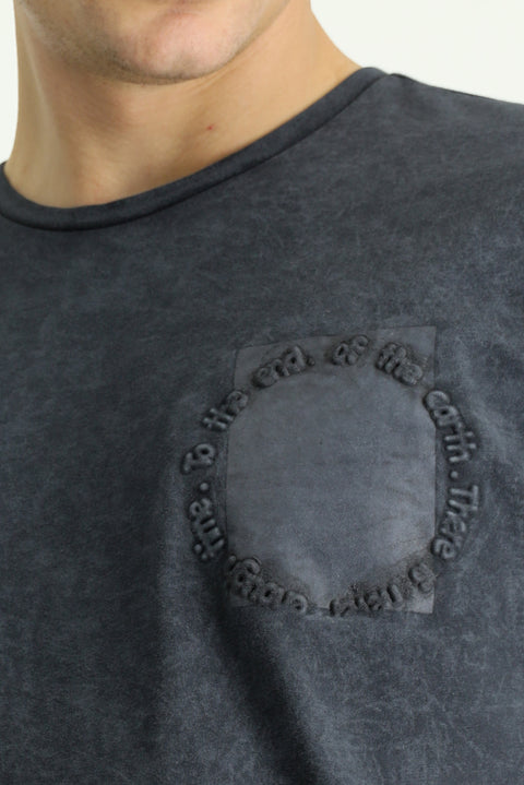 Dark Anthracite Crew Neck Slim Fit Narrow Cut Patterned Cotton T-Shirt