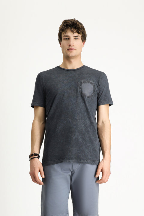 Dark Anthracite Crew Neck Slim Fit Narrow Cut Patterned Cotton T-Shirt