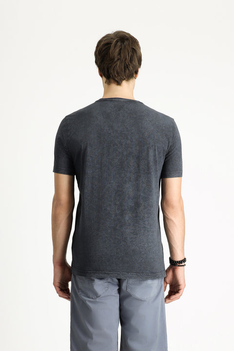 Dark Anthracite Crew Neck Slim Fit Narrow Cut Patterned Cotton T-Shirt
