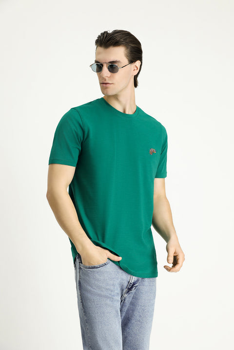 Dark Green Crew Neck Slim Fit Printed Supreme Cotton T-Shirt