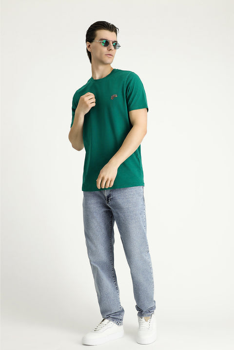 Dark Green Crew Neck Slim Fit Printed Supreme Cotton T-Shirt