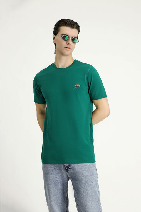 Dark Green Crew Neck Slim Fit Printed Supreme Cotton T-Shirt