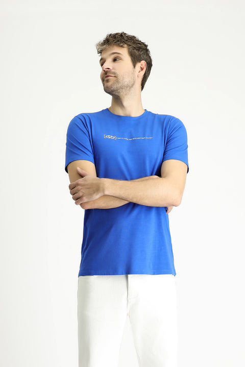 Indigo Crew Neck Slim Fit Printed Cotton T-shirt