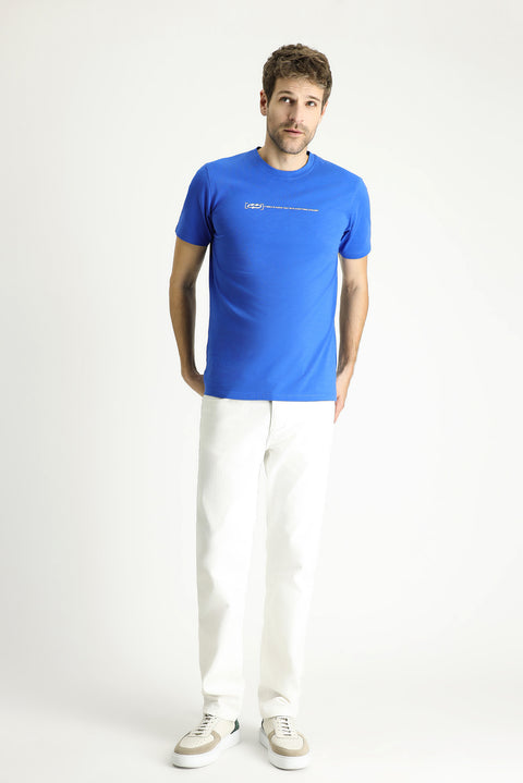 Indigo Crew Neck Slim Fit Printed Cotton T-shirt