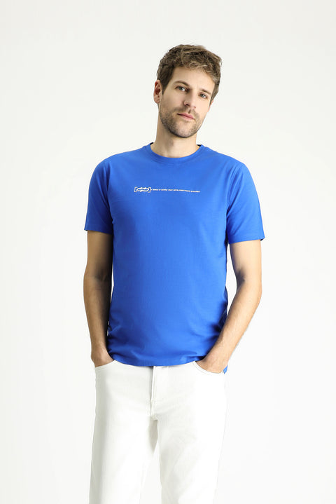 Indigo Crew Neck Slim Fit Printed Cotton T-shirt
