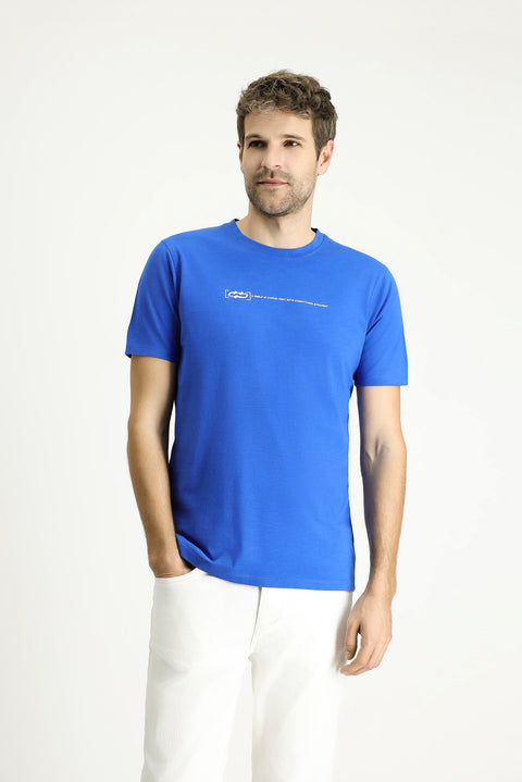 Indigo Crew Neck Slim Fit Printed Cotton T-shirt