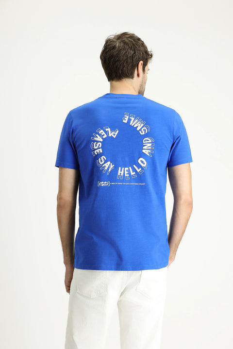 Indigo Crew Neck Slim Fit Printed Cotton T-shirt