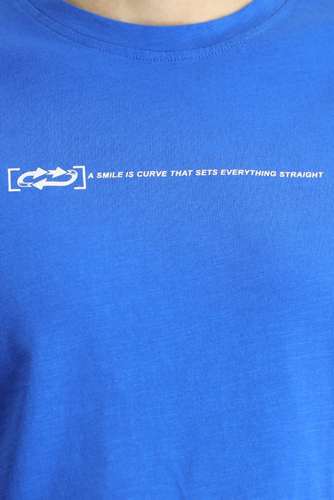 Indigo Crew Neck Slim Fit Printed Cotton T-shirt