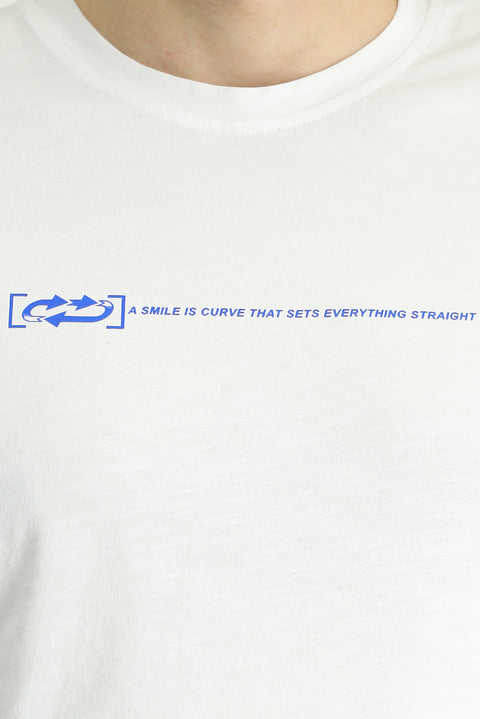 White Crew Neck Slim Fit Printed Cotton T-shirt