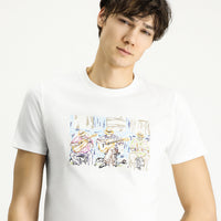 White Crew Neck Slim Fit Printed Cotton T-shirt