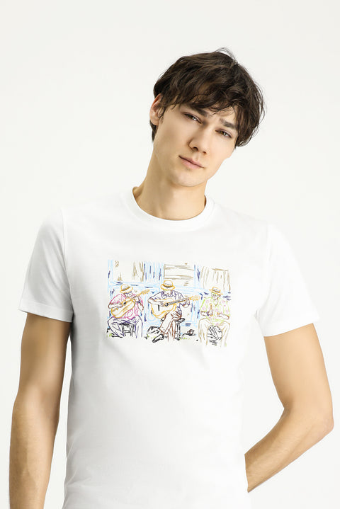 White Crew Neck Slim Fit Printed Cotton T-shirt