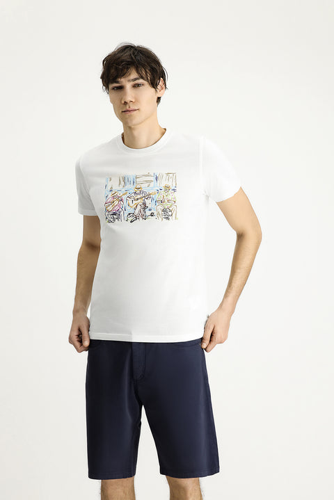 White Crew Neck Slim Fit Printed Cotton T-shirt