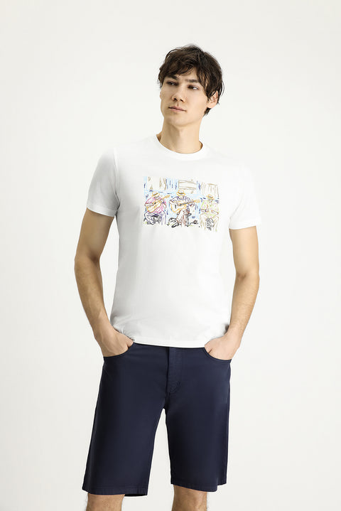 White Crew Neck Slim Fit Printed Cotton T-shirt