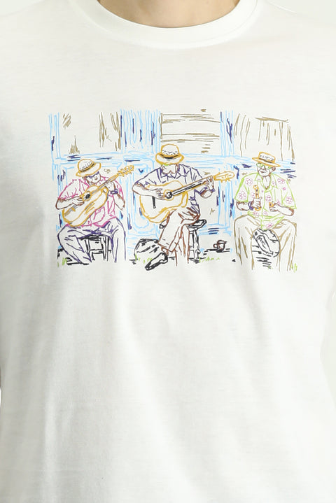 White Crew Neck Slim Fit Printed Cotton T-shirt