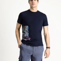 Medium Navy Crew Neck Slim Fit Printed Cotton T-shirt