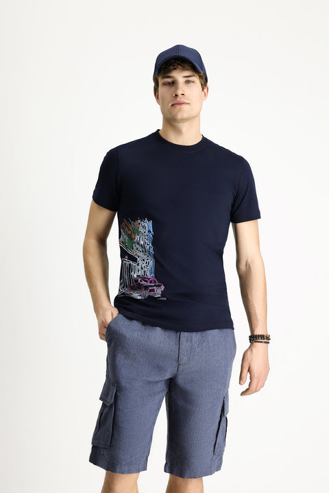Medium Navy Crew Neck Slim Fit Printed Cotton T-shirt