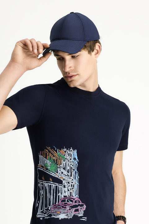 Medium Navy Crew Neck Slim Fit Printed Cotton T-shirt