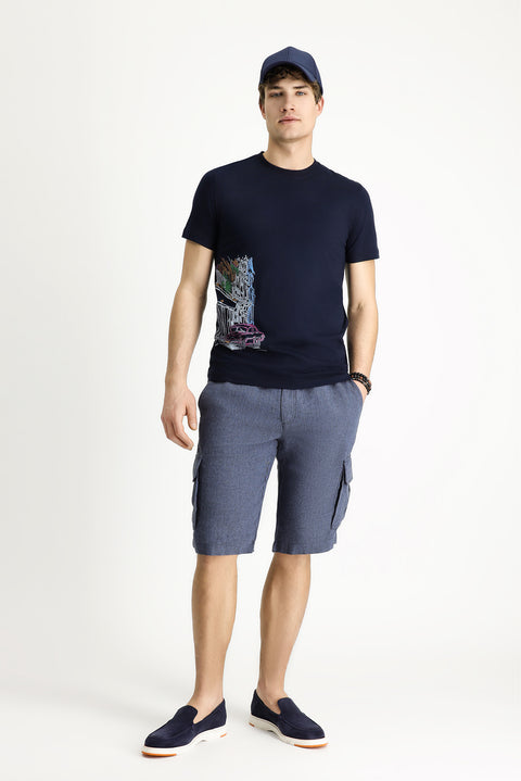 Medium Navy Crew Neck Slim Fit Printed Cotton T-shirt