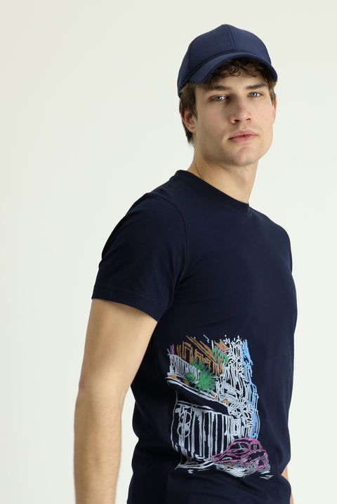 Medium Navy Crew Neck Slim Fit Printed Cotton T-shirt