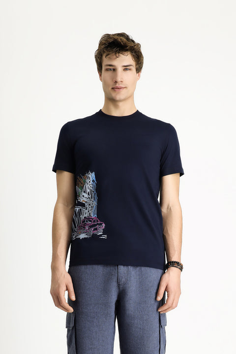 Medium Navy Crew Neck Slim Fit Printed Cotton T-shirt