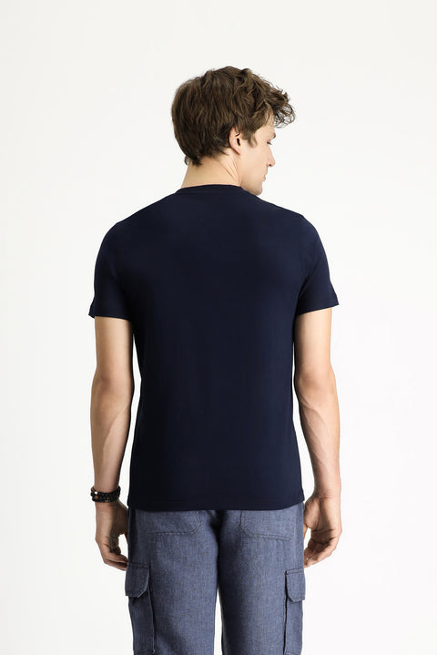 Medium Navy Crew Neck Slim Fit Printed Cotton T-shirt