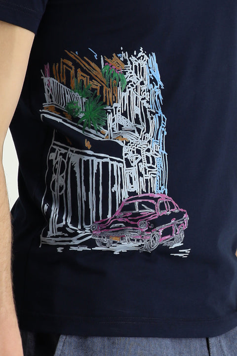 Medium Navy Crew Neck Slim Fit Printed Cotton T-shirt