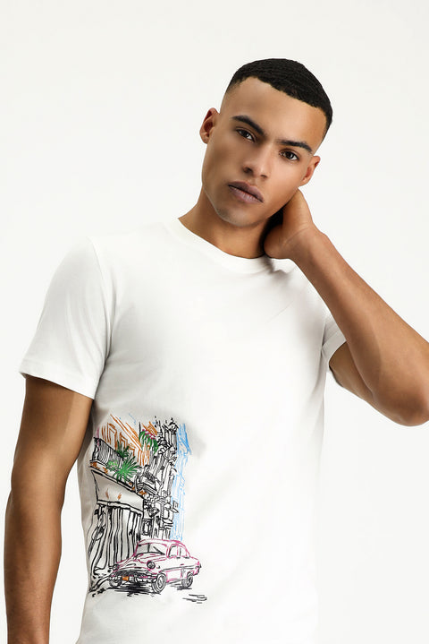White Crew Neck Slim Fit Printed Cotton T-shirt