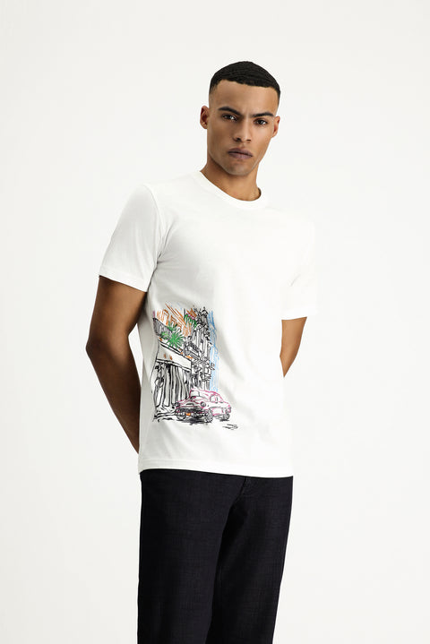 White Crew Neck Slim Fit Printed Cotton T-shirt