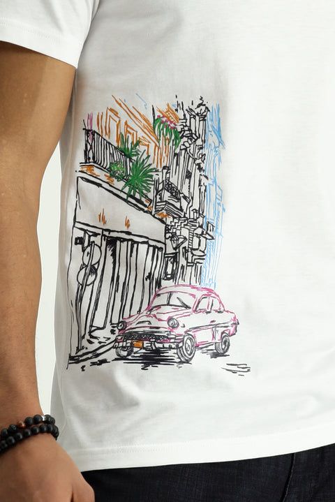 White Crew Neck Slim Fit Printed Cotton T-shirt