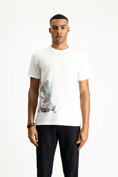 White Crew Neck Slim Fit Printed Cotton T-shirt