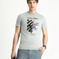 Medium Grey Crew Neck Slim Fit Printed Cotton T-Shirt