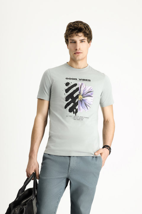Medium Grey Crew Neck Slim Fit Printed Cotton T-Shirt