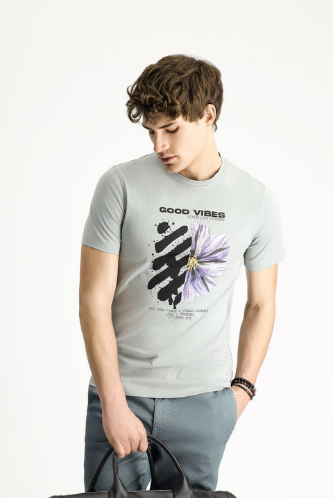 Medium Grey Crew Neck Slim Fit Printed Cotton T-Shirt