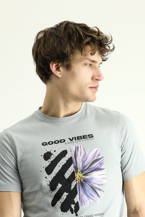 Medium Grey Crew Neck Slim Fit Printed Cotton T-Shirt