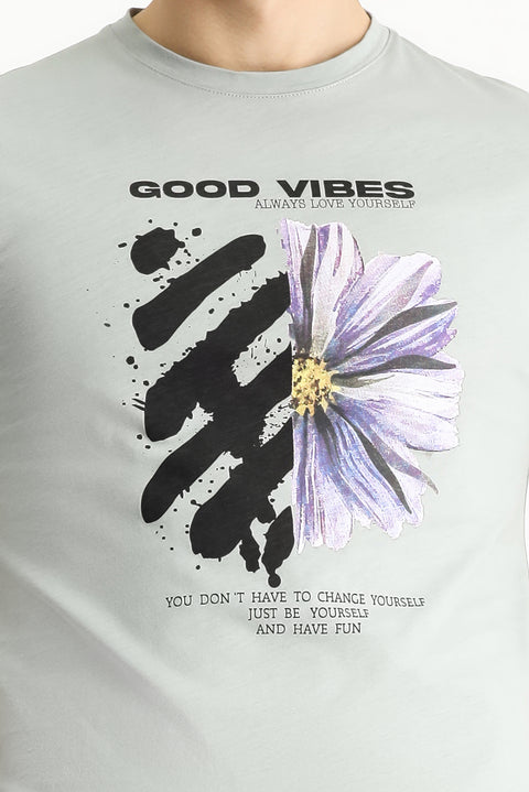Medium Grey Crew Neck Slim Fit Printed Cotton T-Shirt