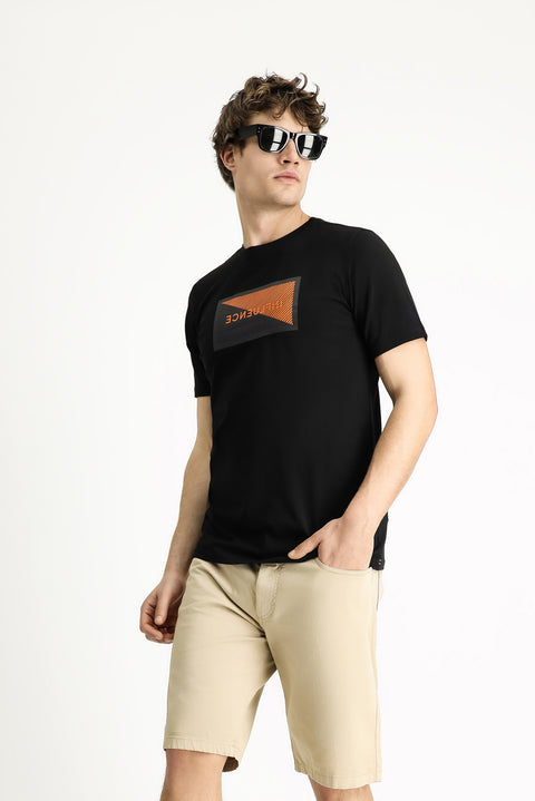 Siyah Bisiklet Yaka Slim Fit Dar Kesim Baskılı Pamuklu Tişört