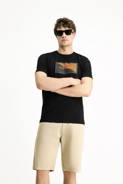 Siyah Bisiklet Yaka Slim Fit Dar Kesim Baskılı Pamuklu Tişört