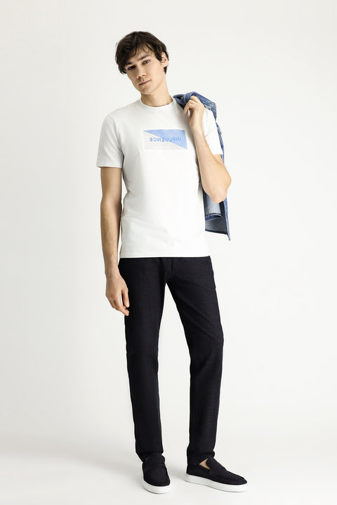 Ekru Bisiklet Yaka Slim Fit Dar Kesim Baskılı Pamuklu Tişört