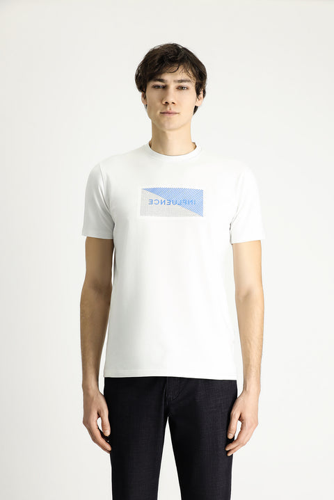 Ekru Bisiklet Yaka Slim Fit Dar Kesim Baskılı Pamuklu Tişört