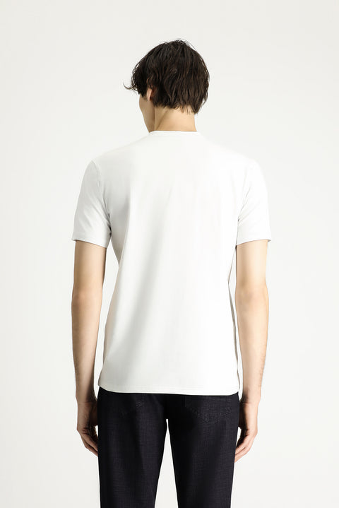 Ekru Bisiklet Yaka Slim Fit Dar Kesim Baskılı Pamuklu Tişört