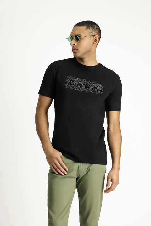 Siyah Bisiklet Yaka Baskılı Slim Fit Dar Kesim Tişört