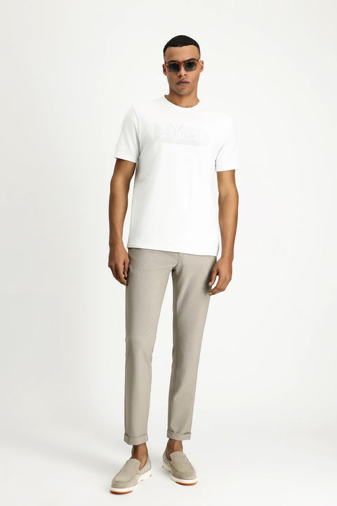 White Crew Neck Printed Slim Fit Cotton T-Shirt