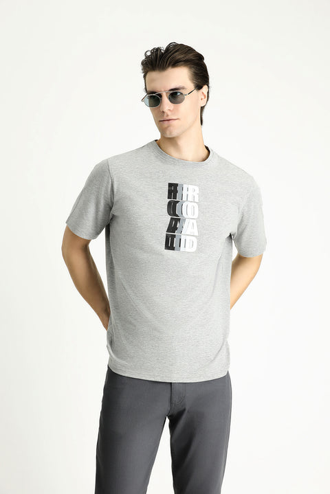 Medium Grey Crew Neck Slim Fit Printed Cotton T-Shirt